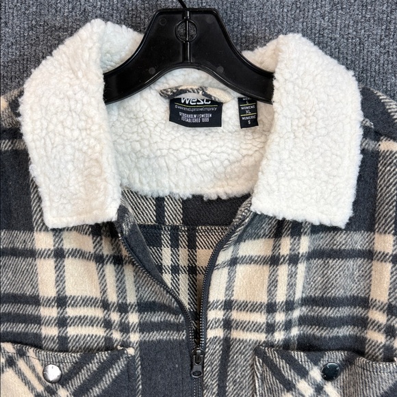 Wesc Black and Cream Plaid Fill Zip Jacket,  Sherpa Collar Unisex Men L;Women XL - Picture 3 of 16